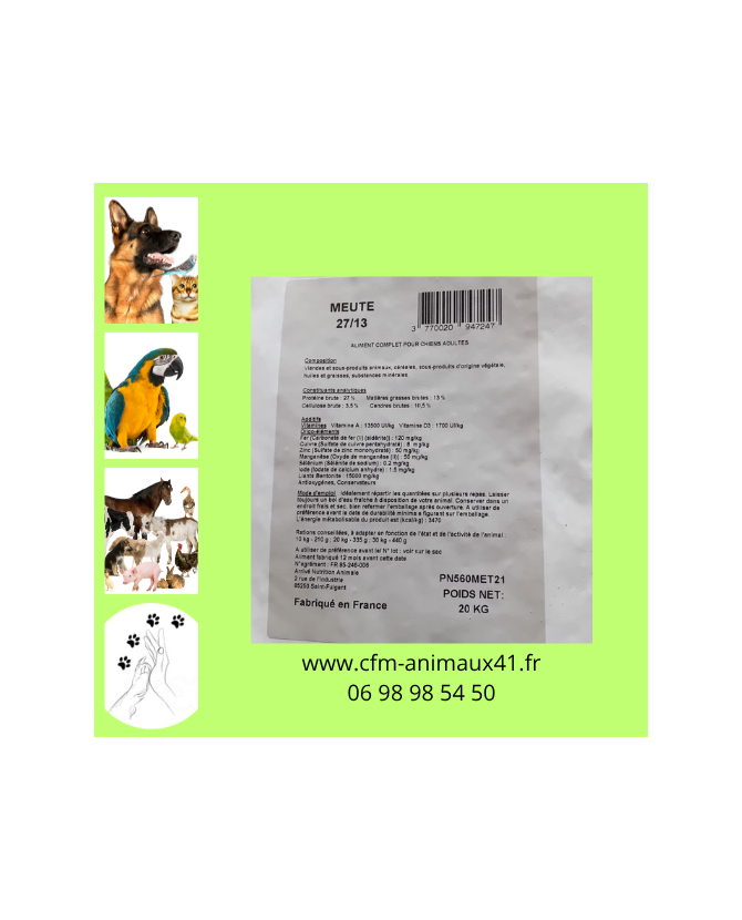 Croquette Chasse Meute 27/13 pour Chien x 20 kg CFM Animaux 41 à Conan 41290
